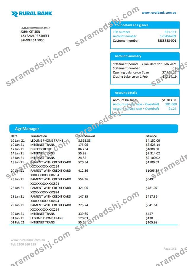Australia Rural bank proof of address statement template in Word and PDF format